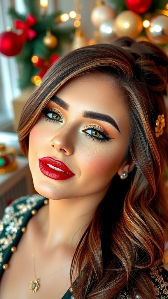Festive Christmas makeup with red lips and gold-green eyeshadow, set against a holiday-themed background.